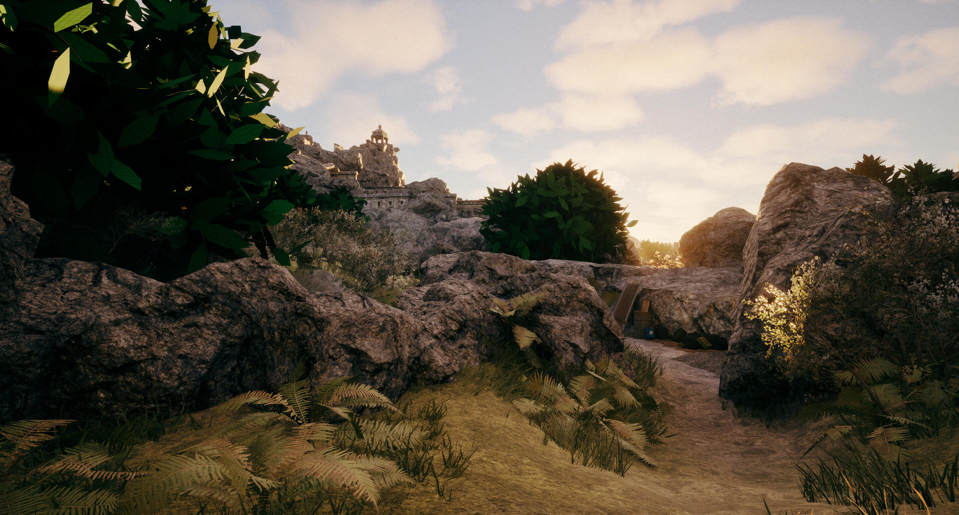 Player start - the temple at the top of the mountain clearly visible as landmark