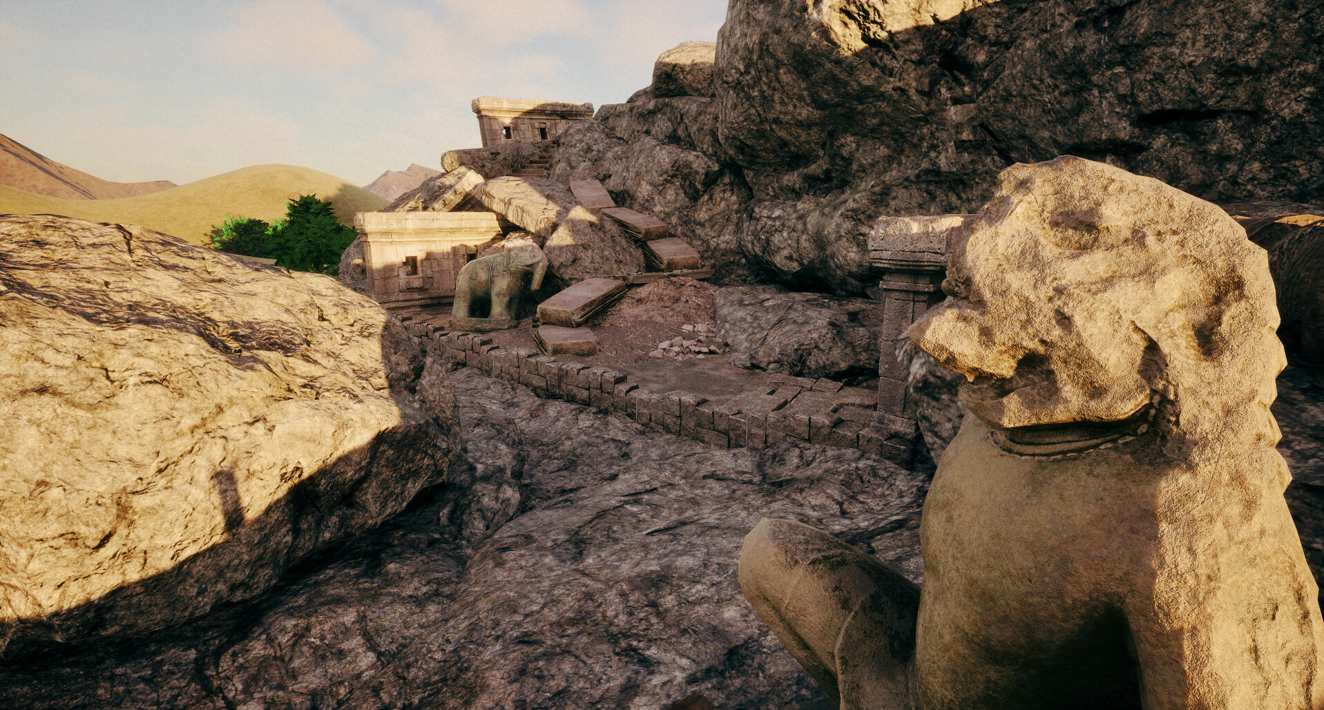 stone blocks to guide player, stairs visible as well as temple wall as backdrop