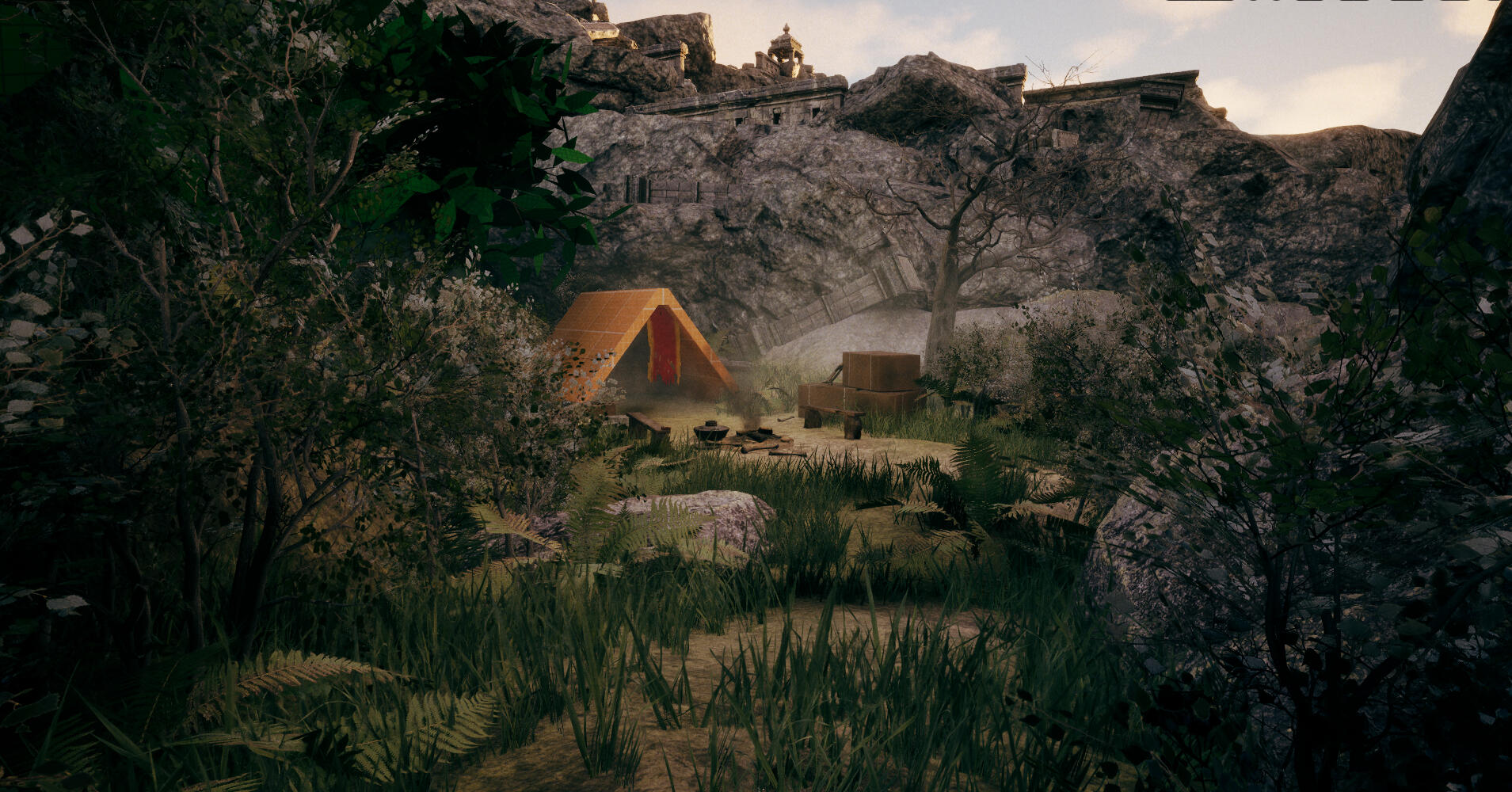 campsite with props, smoke from campfire is used as a reference to the narrative timeline