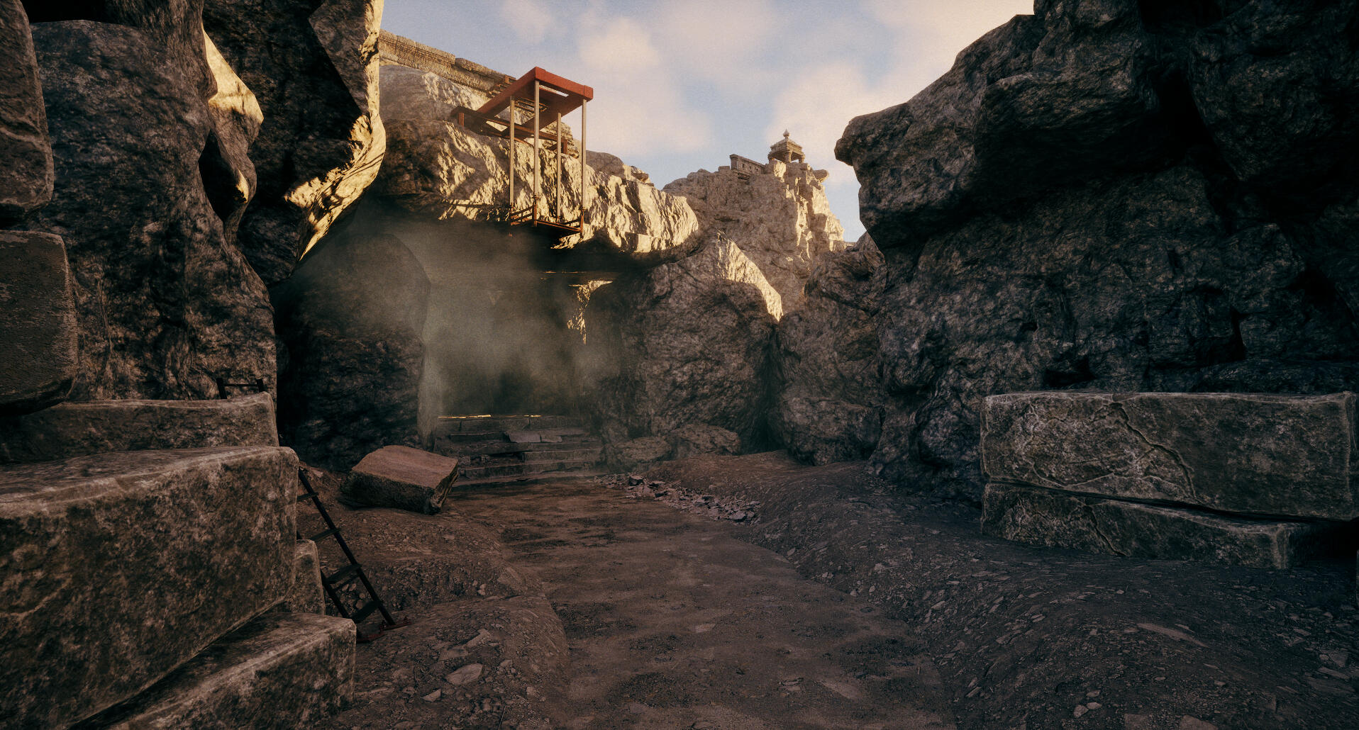 Cave entrance, new vantage of landmark, lift construction