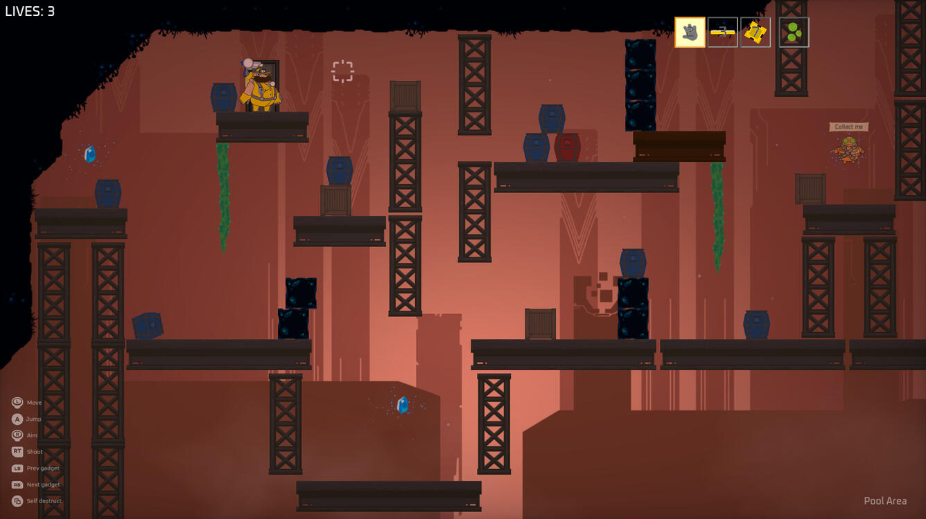 "Pool area" - Level based on breaking water barrels to fill up a pool that allows the player to progress