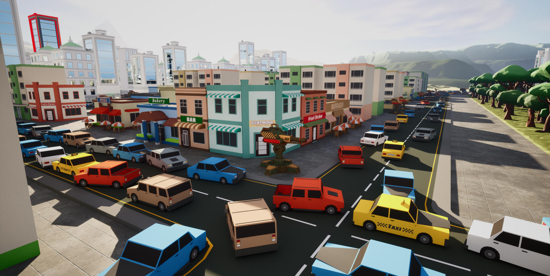 Turrets are lining up after the park, indicating and deterring from moving to far into the city before the player has grown stronger.