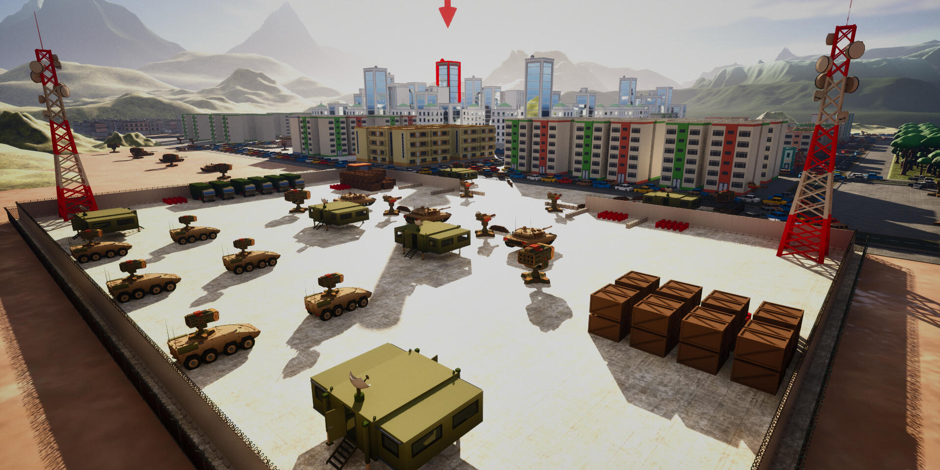 Military base sits next to the point where larger buildings appear - intented to work as a point of interest with extra difficulty. When/if the player has destroyed this base they should feel confident about that taking on whatever the game throws at them.