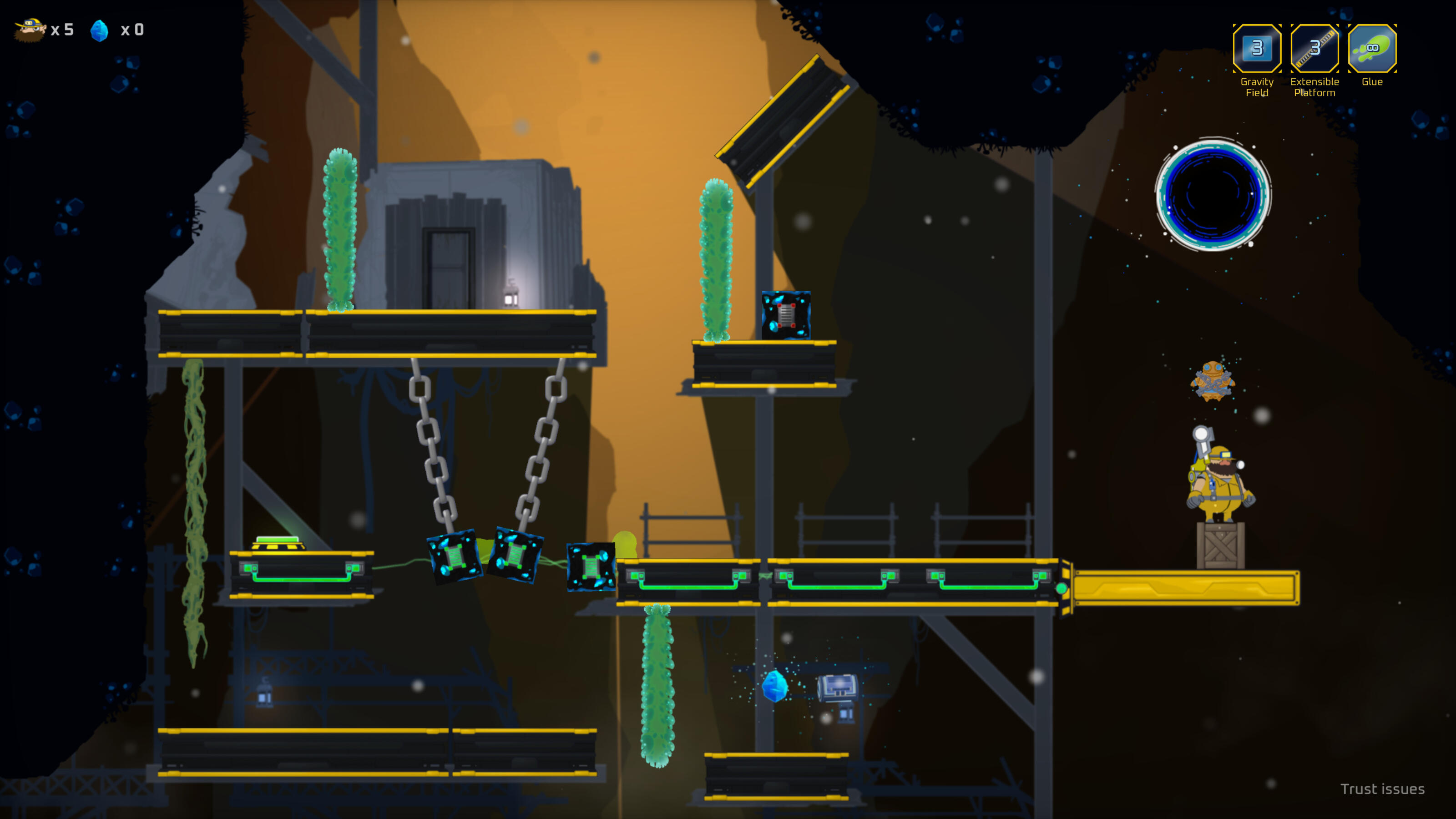 "Trust issues" - In this level I wanted to create a challenge that requires players to comfortable with their own "construction". If the electrical boxes moves too much and loose their connection with eachother, the bridge will retract.