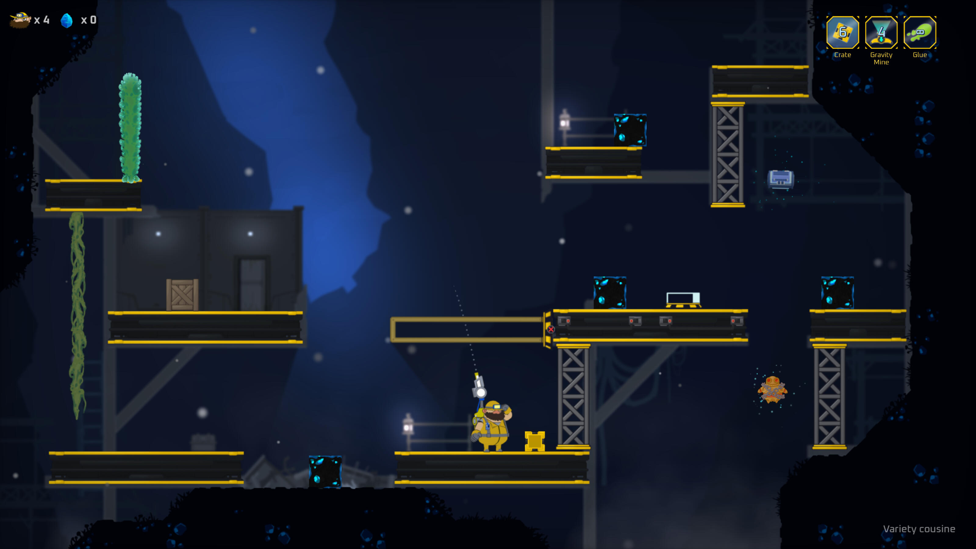 "Variety cousine" - This level is a good example of suggesting many solutions for the same problem. In order to get to the right side you can use gadgets to either make a big jump sideways, a high jump from underneath, or try to push the button.